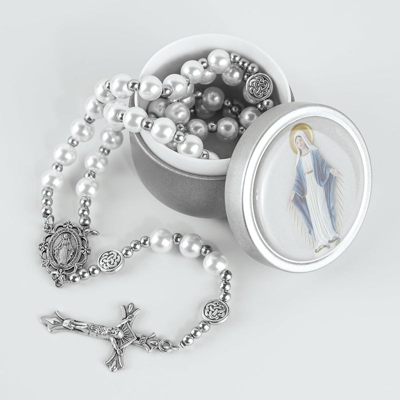 SUTANALE 8mm Glass Pearl Rosary Necklace for Women - Catholic Prayer Beads with Gift Box, Handmade Religious Jewelry for Baptism, First Communion - Image 2